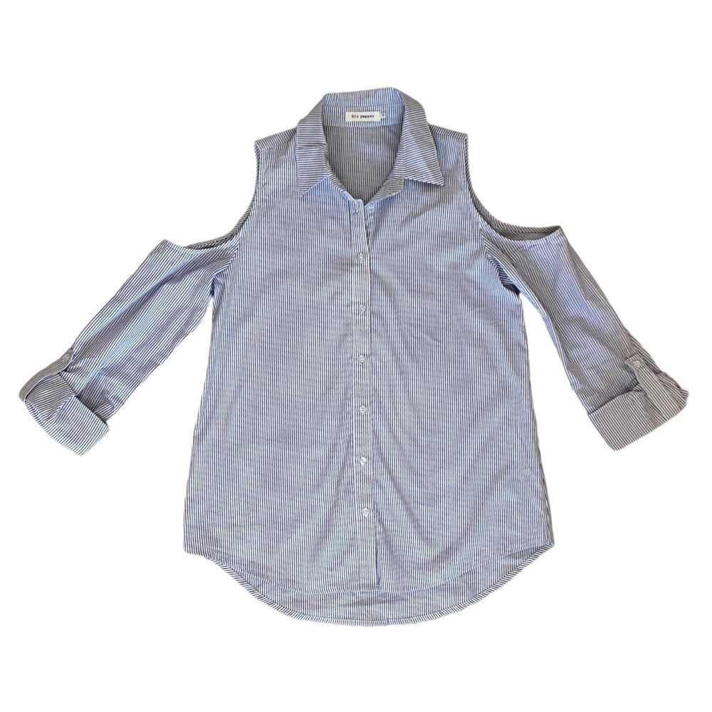 Blu Pepper Cotton Striped Button Up Cold Shoulder Shirt Blue Size S